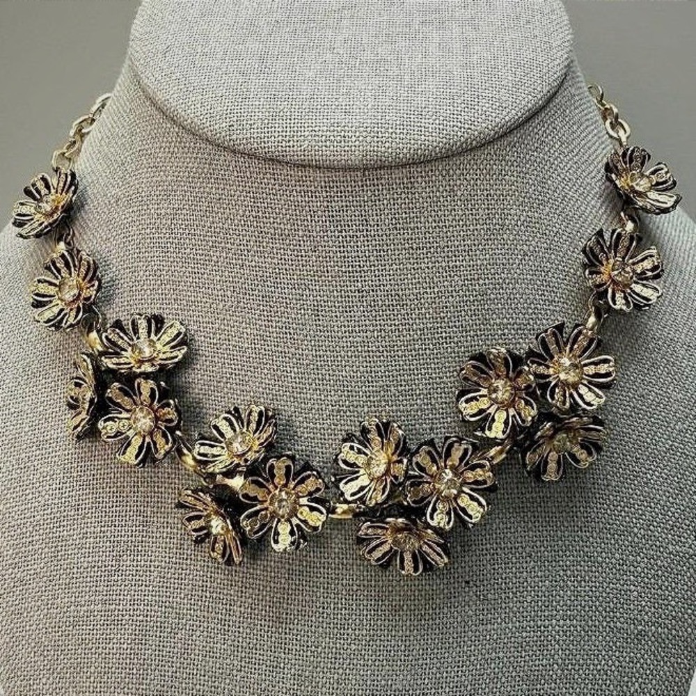 Vintage Black Enamel Flower Gold Tone Choker Necklace 14" Adjustable Rhinestones